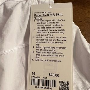 Lululemon Pace Rival Skirt Skort White Long